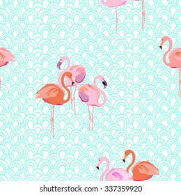 Flamingos. Birds - pink and coral. Seamless pattern. Vector.