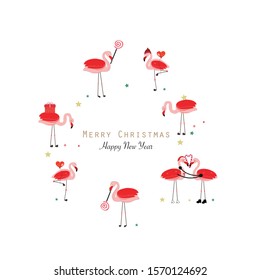 Flamingos. Circle frame. Candy, Gift box, heart balloon Happy new year and merry Christmas greeting card