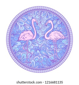Flamingos. Circle zendala with birds on white. Hand drawn foliage mandala on isolated background. Design for spiritual relaxation for adults. Doodle for flyers, shirts and textiles. Zentangle