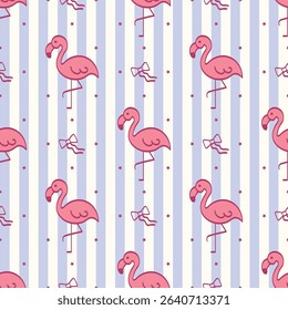 flamingos and coquette bows seamless pattern. blue stripe background. cute summer pattern. for Prints, Wrapping Paper, Wallpaper, Textiles, Stationery, and Fabric
