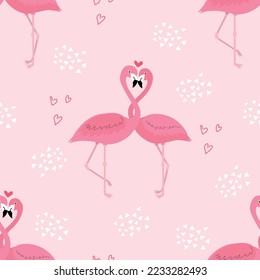 Flamingos couple seamless pattern. Pink background for Valentines day. Vector illustration