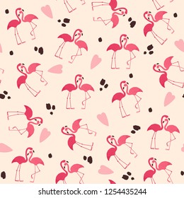 Flamingos couple seamless pattern or wallpaper. Vector 