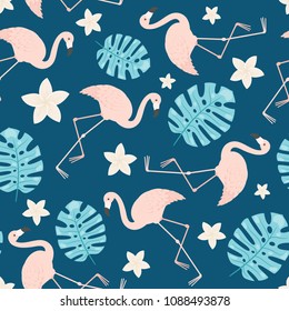 Flamingos exotic seamless pattern. Vector seamless wallpaper.