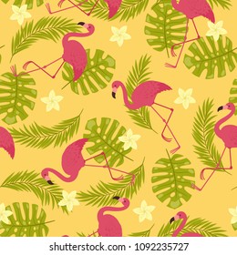 Flamingos exotic seamless pattern. Vector seamless wallpaper.
