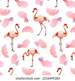 Flamingos and feathers in a pattern.Vector pattern with flamingos and pink feathers on a transparent background.