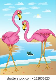 Flamingos and fish/Flamingo Lingo/Colorful Flamingo scene with nosy fish