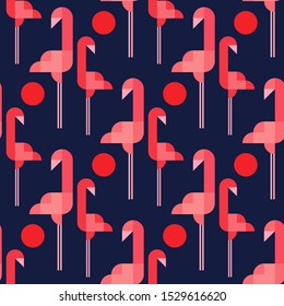 Flamingos of geometric shapes. Seamless patter. Cute cartoon. Vector illustration for web design or print.