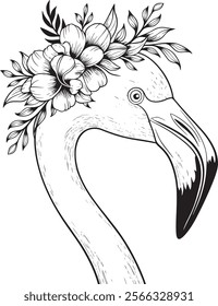 A flamingo's head adorned with a floral crown vector illustration