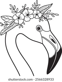 A flamingo's head adorned with a floral crown vector illustration