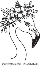 A flamingo's head adorned with a floral crown vector illustration