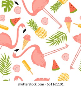 Flamencos, helados y flores. Patrón vectorial.