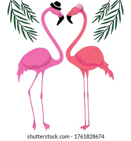 Flamingos in love characters illustration. Flamingo guy in a bowler hat, flamingo girl with a flower,  Bride and groom, characters for creating a wedding print, design for Valentine's