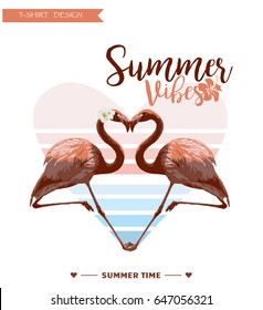 Flamingos in Love/ cute graphic for t-shirts/ background. Tropical heart design with a sunset and a couple