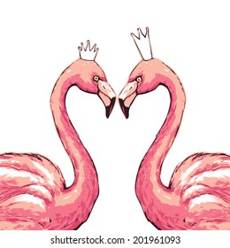 Flamingos in love isolated on white background. Vector illustration