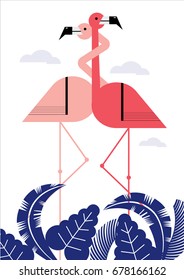 flamingos in love/ tropical / flamingo / leaves background template vector/illustration