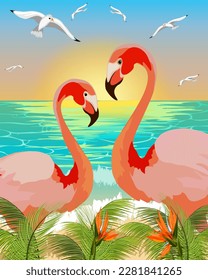 Flamingos on the background of the sea.Vector illustration with pink flamingos on the seashore.