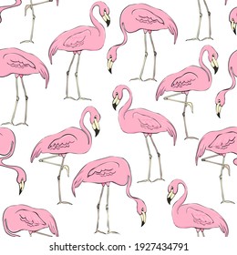 Flamingos on a background of tropical leaves and flowers. Seamless pattern. Flamingo cartoon print. Vector clipart element for design of fabric, paper, wallpaper, backgrounds.