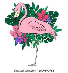 Flamingos on a background of tropical leaves and flowers. Flat vector isolated illustration. Flamingo cartoon print. Vector clipart element for design.