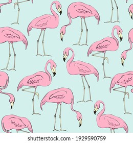 Flamingos on a background of tropical leaves and flowers. Seamless pattern. Flamingo cartoon print. Vector clipart element for design of fabric, paper, wallpaper, backgrounds.