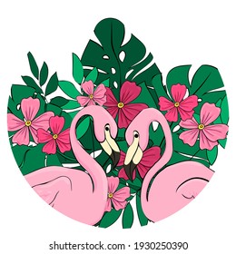 Flamingos on a background of tropical leaves and flowers. Flat vector isolated illustration. Flamingo cartoon print. Vector clipart element for design.