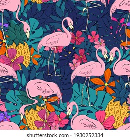 Flamencos sobre un fondo de hojas y flores tropicales. Patrón sin foco. Huella de dibujos animados de Flamingo. Elemento vectorial clipart para el diseño de tela, papel, papel pintado, fondo.