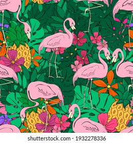 Flamingos on a background of tropical leaves and flowers. Seamless pattern. Flamingo cartoon print. Vector clipart element for design of fabric, paper, wallpaper, backgrounds.