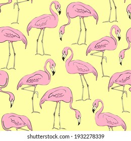 Flamingos on a background of tropical leaves and flowers. Seamless pattern. Flamingo cartoon print. Vector clipart element for design of fabric, paper, wallpaper, backgrounds.