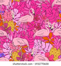 Flamingos on a background of tropical leaves and flowers. Seamless pattern. Flamingo cartoon print. Vector clipart element for design of fabric, paper, wallpaper, backgrounds.