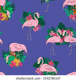 Flamingos on a background of tropical leaves and flowers. Seamless pattern. Flamingo cartoon print. Vector clipart element for design of fabric, paper, wallpaper, backgrounds.