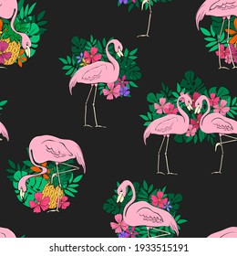 Flamingos on a background of tropical leaves and flowers. Seamless pattern. Flamingo cartoon print. Vector clipart element for design of fabric, paper, wallpaper, backgrounds.