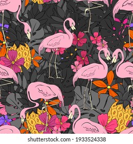 Flamingos on a background of tropical leaves and flowers. Seamless pattern. Flamingo cartoon print. Vector clipart element for design of fabric, paper, wallpaper, backgrounds.