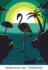 Flamencos en la playa por la tarde, adecuados para el verano