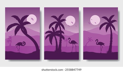 Flamingos on The Edge of The Lake - Silhouette Design Set, Beautiful 2D Landscape Silhouette Wallpaper Set