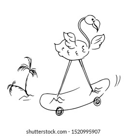 Flamingos on a skateboard. Palms. Line drawing. Vector illustration.