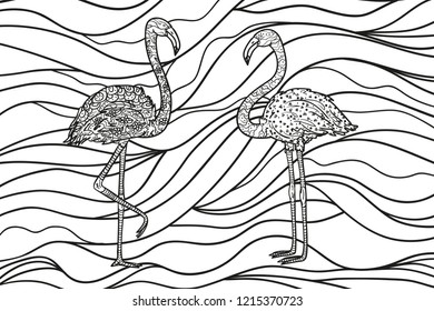 Flamingos on wavy wallpaper. Zentangle. Abstract backdrop with birds. Hand drawn foliage mandala on isolated background. Design for spiritual relaxation for adults. Black and white illustration
