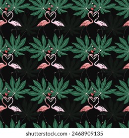 Flamingos In Palm Beach Seamless Vector Pattern Design