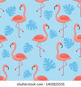 flamingos and palm leaf seamless pattern on blue background. tropical trendy. vector Illustration.