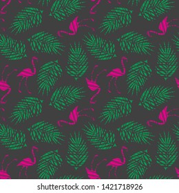 Flamingos and palm leaves. Abstraction. Seamless pattern.