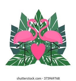 Flamingos and palm leaves illustration. Exotic Hawaii art trendy print. 