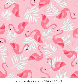 Flamingos in palm leaves, seamless background, pattern. Vector illustration.	
