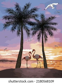 Flamingos and palm trees on the beach.Colored vector illustration with palm trees and flamingos on the seashore.