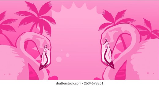 Flamingos and palsm leaves on pink background, summer banner template with copy space – vector illustration