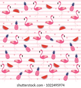 Flamingos with pineapples and watermelons on stripes seamless pattern background. Tropical poster design. Flamingos art print. Wallpaper, fabric, textile, wrapping paper vector illustration design