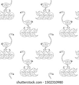 Flamingos in the sea waves. Seamless pattern. Vector illustration.