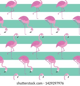 Flamingos seamless pattern. Green and white background with flamingos