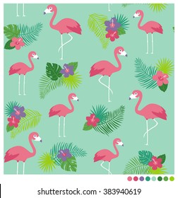 Flamingos seamless vector pattern with hibiscus and leaves