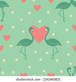 Flamingos silhouette and hearts seamless pattern. Valentine's Day, textile, background.