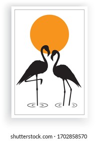 Flamingos silhouettes, vector. Couple flamingos in love on sunset. Heart illustration, wall artwork, wall decals. Scandinavian minimalist art design. Poster design. Cartoon illustration