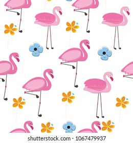 Flamingos with spring time colorful doodle flower. Flamingos with different poses