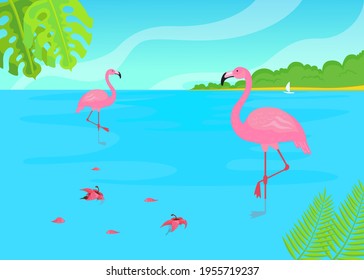 Flamingos standing in water on tropical background illustration. Pink exotic birds on one leg on beach, flower on water, seaside, island. Travelling, tourism, summer, holiday, nature concept